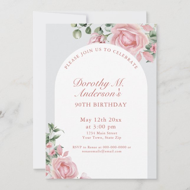 Invitation Elégante Blush Rose Roses 90e fête d'anniversaire (Devant)
