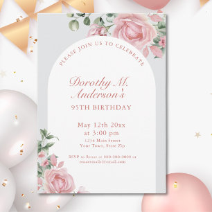 Invitation Elégante Blush Rose Roses 95e fête d'anniversaire