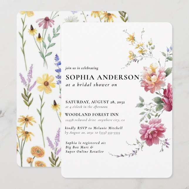 Invitation Elégante Boho Fleur sauvage Floral Fête des mariée (Devant / Derrière)