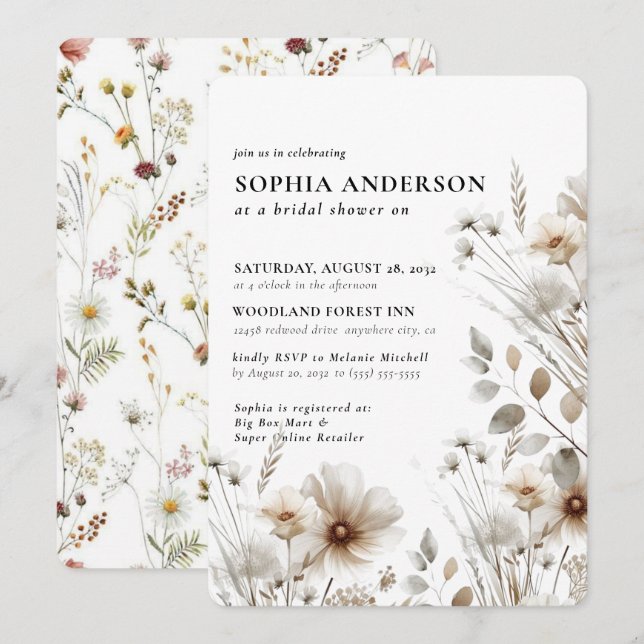 Invitation Elégante Boho Fleur sauvage Floral Fête des mariée (Devant / Derrière)