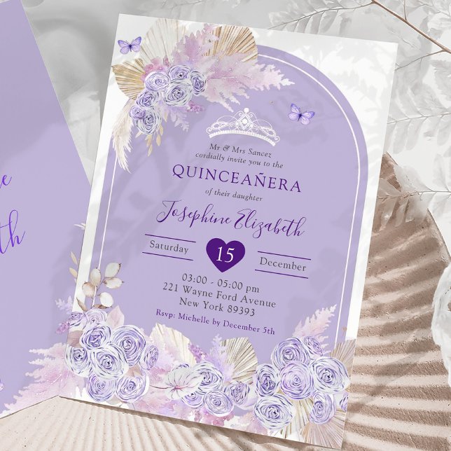 Invitation Élégante Boho violet Rose fille de la Quinceañera  (Créateur téléchargé)