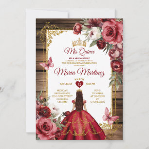 Invitation Elégante Bois Bourgogne Fleurs Princess Mis Quince