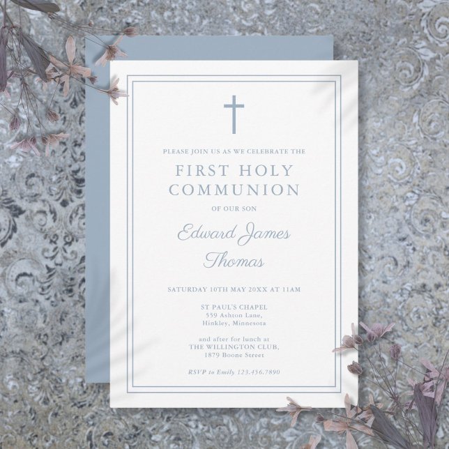 Invitation Elégante Bordure Bleue Dusty Première Communion Sa (Elegant Dusty Blue Border First Holy Communion Invitation)