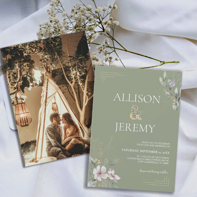 Invitation Elégante Botanique Sage Green Gold Wedding Invitat (Sage Green Botanical Spring Wedding Invite)