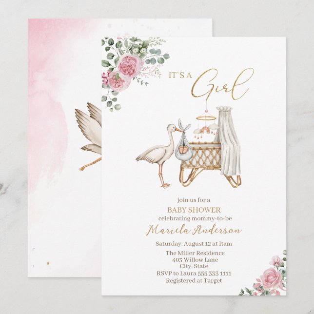 Invitation Elégante Bouilloire d'aquarelle Baby shower bébé f (Devant / Derrière)