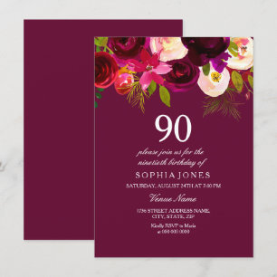Invitation Elégante Bourgogne Fleurs 90e anniversaire Invitat