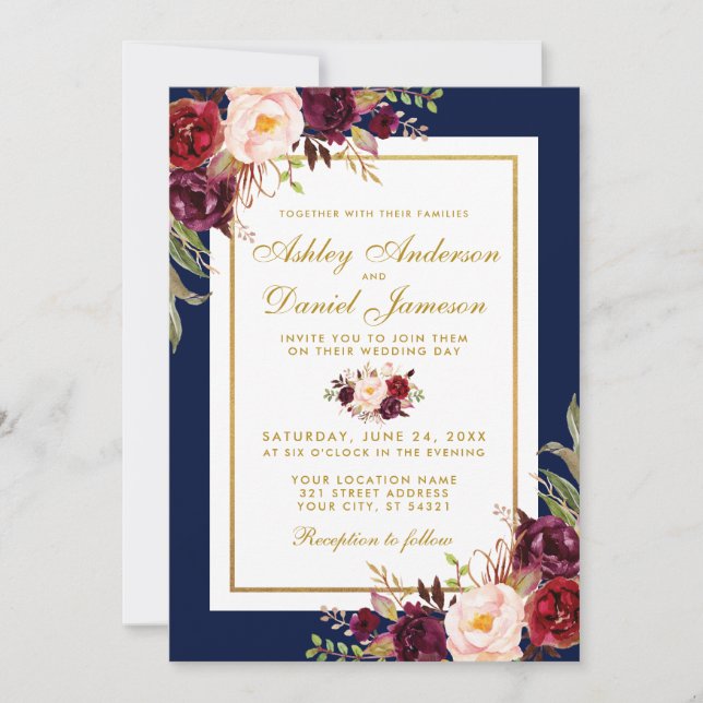 Invitation Elégante Bourgogne Floral Blue Gold Mariage Invita (Devant)
