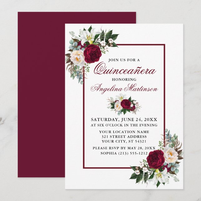 Invitation Elégante Bourgogne Floral Greenery Quinceanera Par (Devant / Derrière)