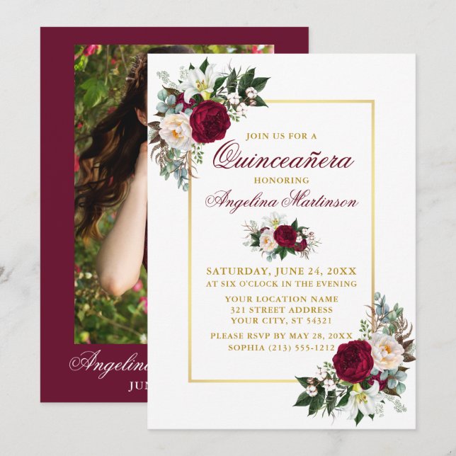 Invitation Elégante Bourgogne Floral Greenery Quinceanera Pho (Devant / Derrière)