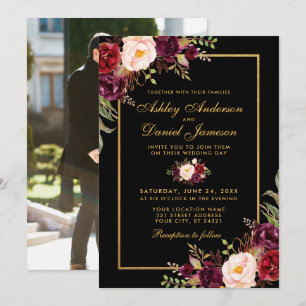 Invitation Elégante Bourgogne Floral Mariage Black Gold Photo