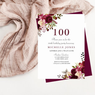 Invitation Elégante Bourgogne Florale 100e Anniversaire Invit