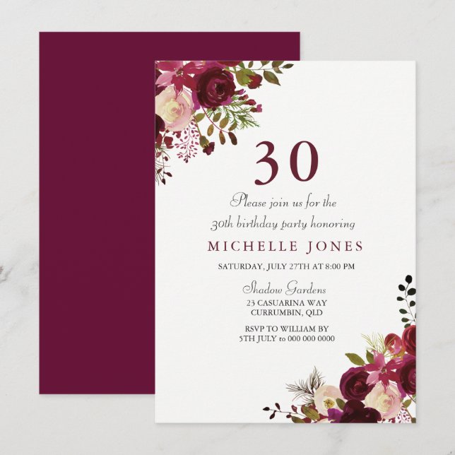Invitation Elégante Bourgogne Florale 30e anniversaire Invita (Devant / Derrière)