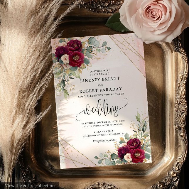 Invitation Elégante Bourgogne Gold Roses mariage floral invit (Elegant Burgundy Gold Roses Floral Wedding Invitation)