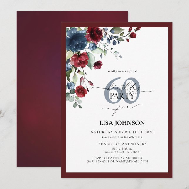 Invitation Elégante Bourgogne & Marine Blue Floral 60e annive (Devant / Derrière)
