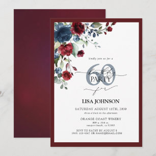 Invitation Elégante Bourgogne & Marine Blue Floral 60e annive