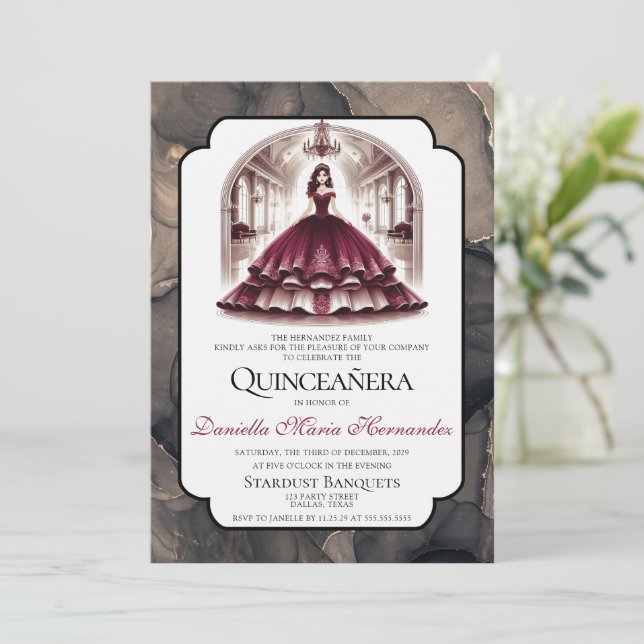 Invitation Elégante Bourgogne Quinceañera (Debout devant)