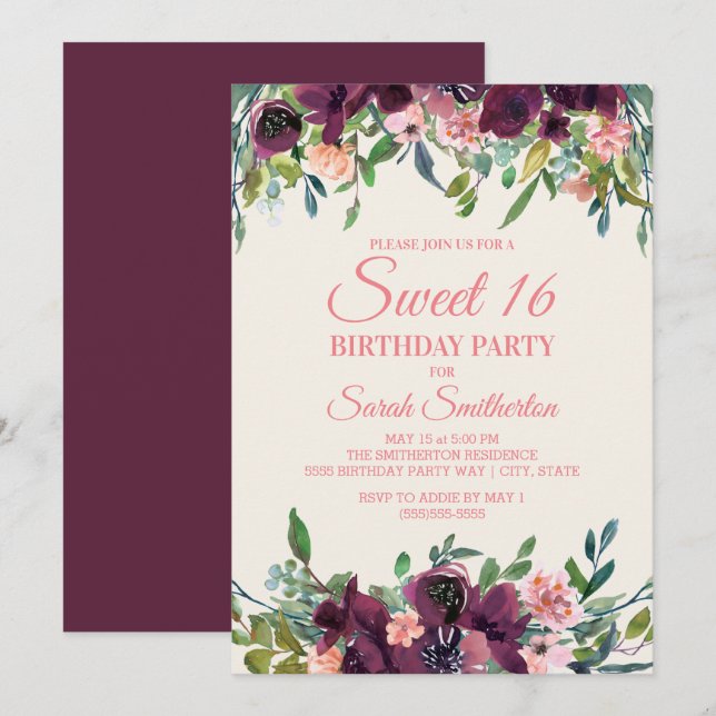 Invitation Elégante Bourgogne rose Aquarelle Floral Sweet 16 (Devant / Derrière)