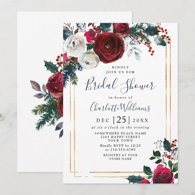 Invitation Élégante Bourgogne Rose d'hiver Fête des mariées f (Devant / Derrière)