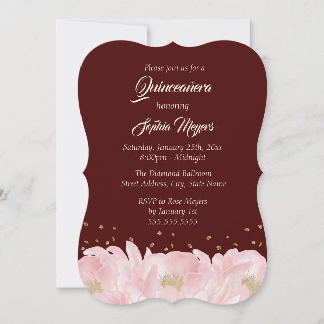 Invitation Elégante Bourgogne rose Peony Or Quinceanera (Devant)