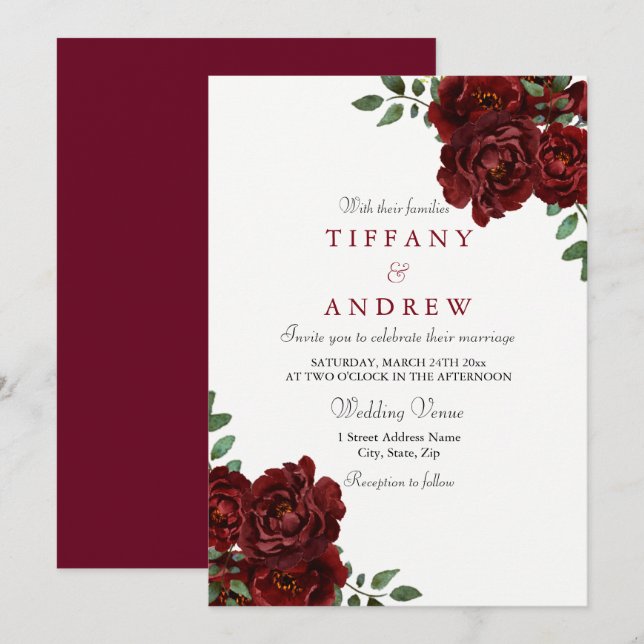 Invitation Elégante Bourgogne Rouge Rose moderne Mariage Invi (Devant / Derrière)