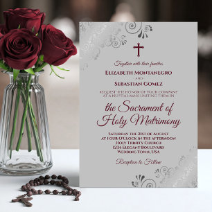 Invitation Élégante Bourgogne sur gris Mariage catholique mod