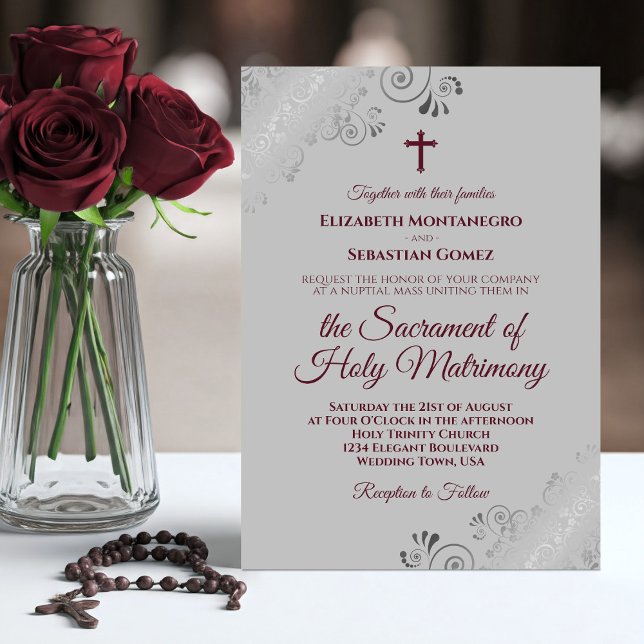 Invitation Élégante Bourgogne sur gris Mariage catholique mod (Créateur téléchargé)