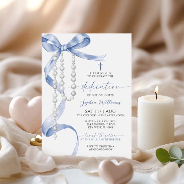 Invitation Élégante Bow Bleue & Dédication Rosaire (Créateur téléchargé)