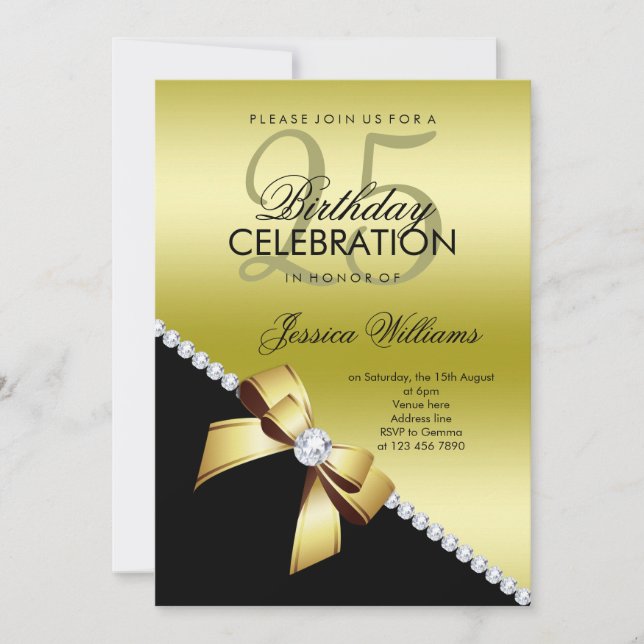 Invitation Elégante Bow Diamond, Gold & Black Anniversaire (Devant)
