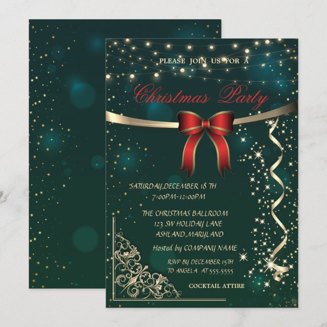Invitation Elégante Bow rouge, Confetti Green Christmas Party (Devant / Derrière)