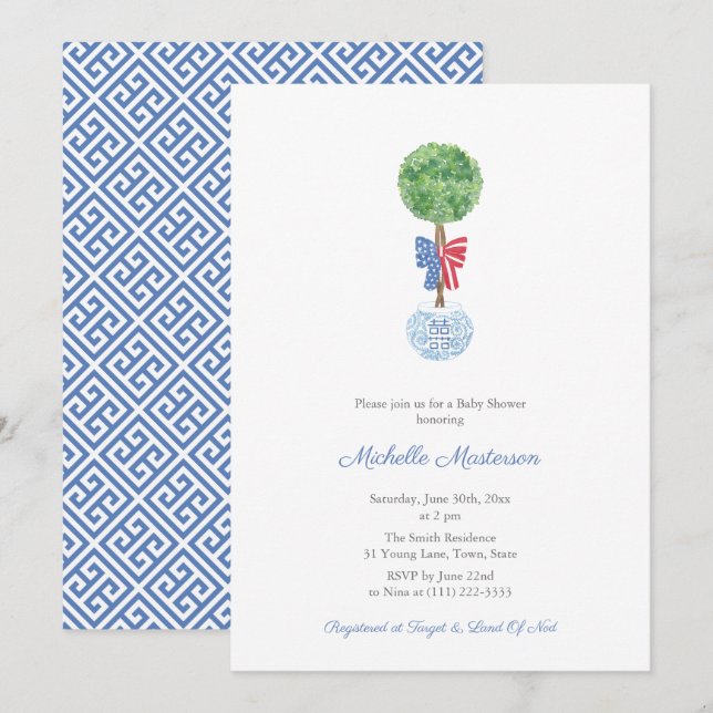Invitation Élégante Boxwood Red Blue Bow Boy Baby shower Part (Devant / Derrière)