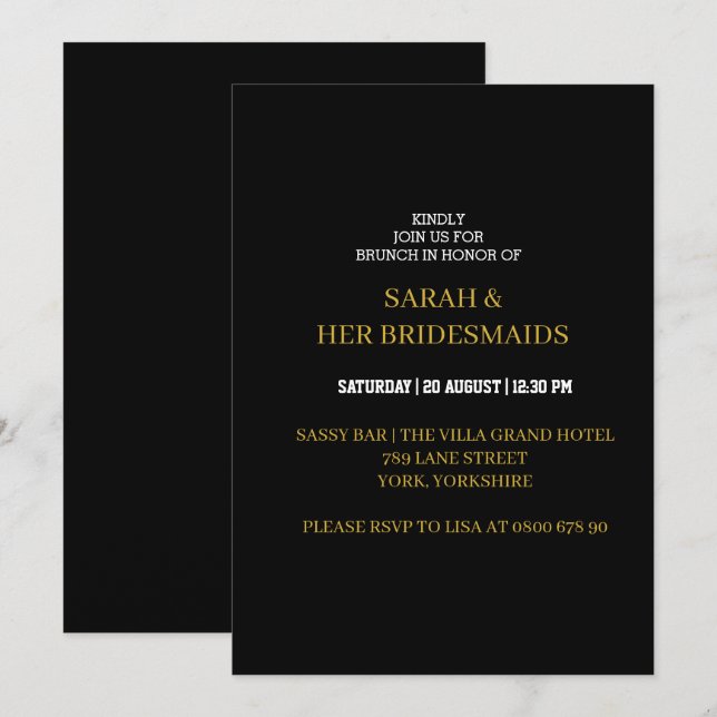 Invitation Élégante Bridesmaitres en or noir déjeuner Brunch (Devant / Derrière)
