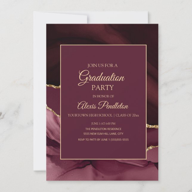 Invitation Élégante Burgundy Gold Marble Party (Devant)