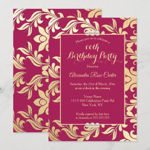 Invitation Elégante Burgundy Gold Pearl fleurie fête d'annive
