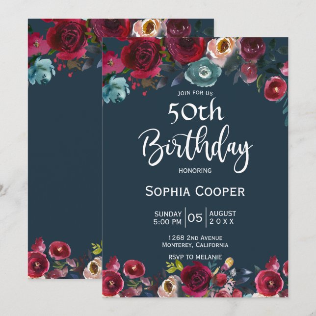 Invitation Elégante Burgundy Navy Floral 50e Anniversaire (Devant / Derrière)
