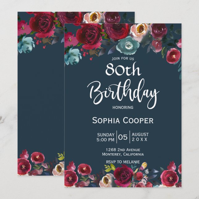 Invitation Elégante Burgundy Navy Floral 80e Anniversaire (Devant / Derrière)