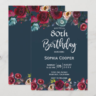 Invitation Elégante Burgundy Navy Floral 80e Anniversaire
