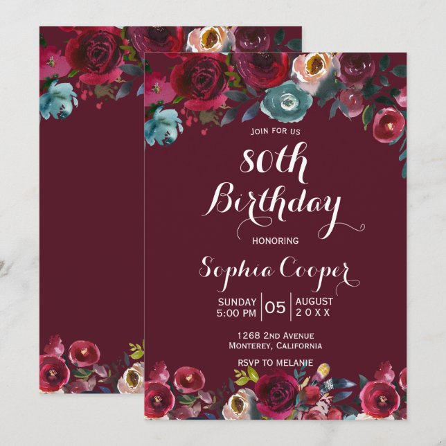 Invitation Elégante Burgundy Navy Floral 80e Anniversaire (Devant / Derrière)