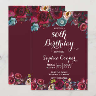 Invitation Elégante Burgundy Navy Floral 80e Anniversaire
