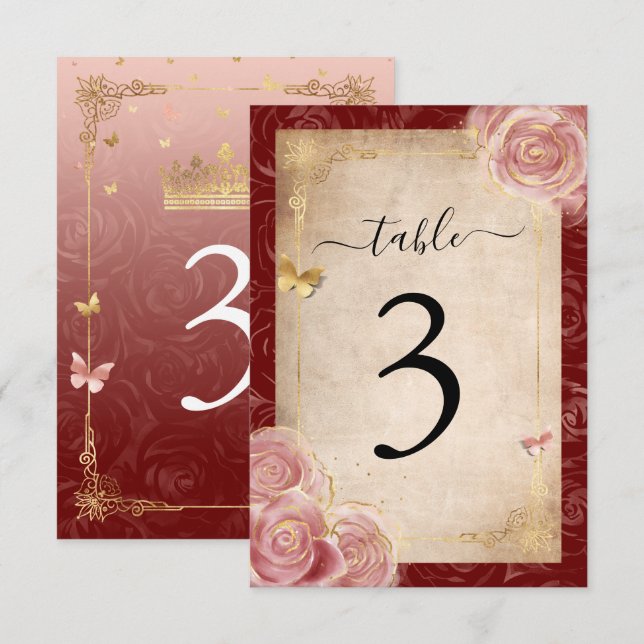 Invitation Elégante Burgundy Rose Rose Gold Table Numéro Cart (Devant / Derrière)
