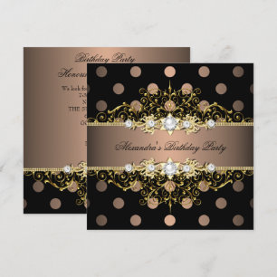 Invitation Elégante Café Gold Black Polka Dot Anniversaire