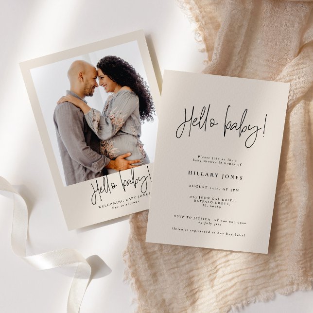 Invitation Élégante calligraphie | Baby shower Bonjour bébé r (Créateur téléchargé)