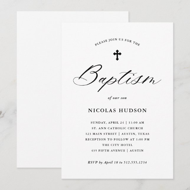 Invitation Élégante calligraphie | Baptême neutre du genre (Devant / Derrière)