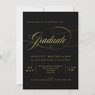 Invitation Élégante Calligraphie Black & Gold Graduation Part