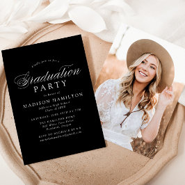Invitation Élégante calligraphie Black Photo Graduation Party