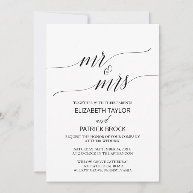 Invitation Élégante calligraphie blanche noire "Mr & Mrs" Mar (Devant)