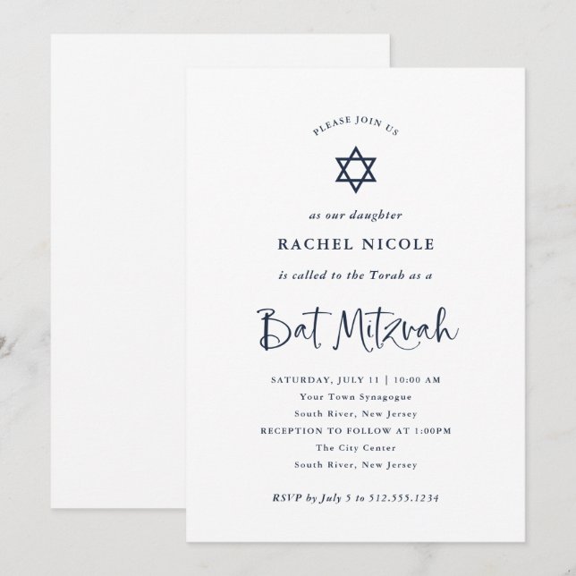 Invitation Élégante calligraphie bleue marine | Bat mitzvah (Devant / Derrière)