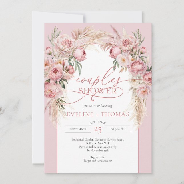 Invitation Elégante calligraphie blush peonies pampas Couples (Devant)