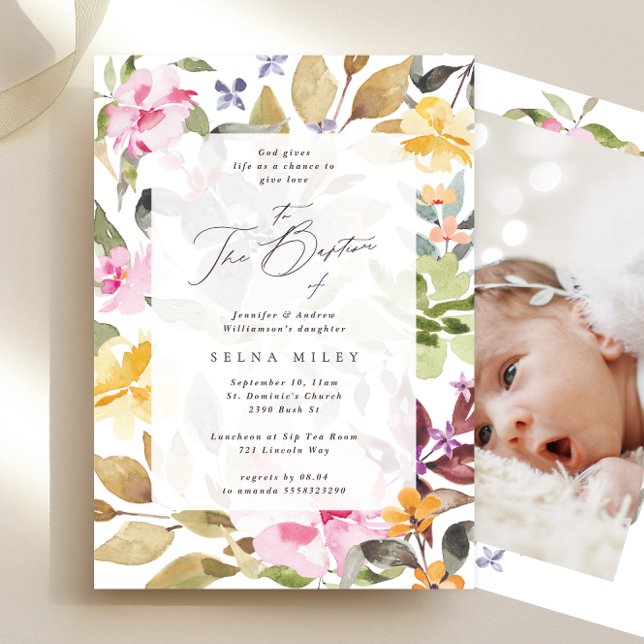 Invitation Élégante calligraphie Cadre Floral Baptême Photo (Créateur téléchargé)
