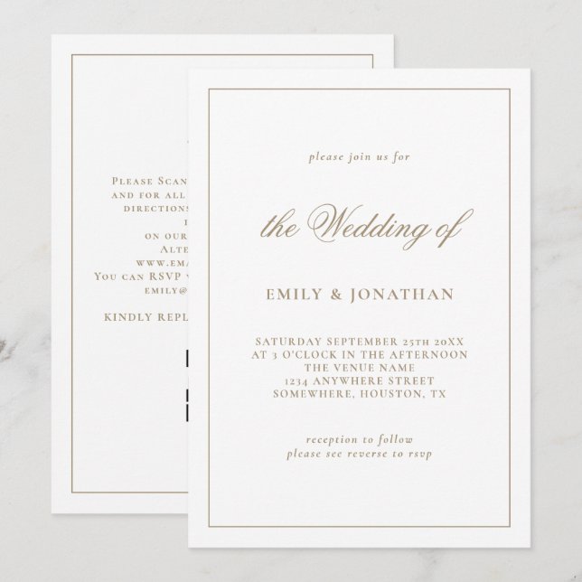 Invitation Élégante Calligraphie Champagne Gold Mariage (Devant / Derrière)