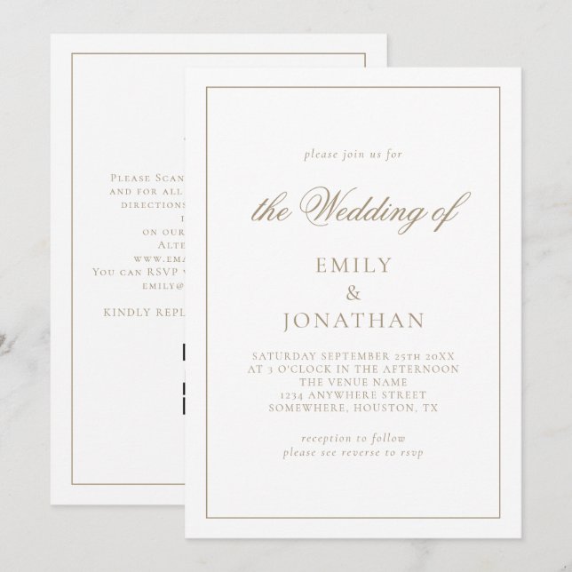 Invitation Élégante Calligraphie Champagne Gold Mariage (Devant / Derrière)